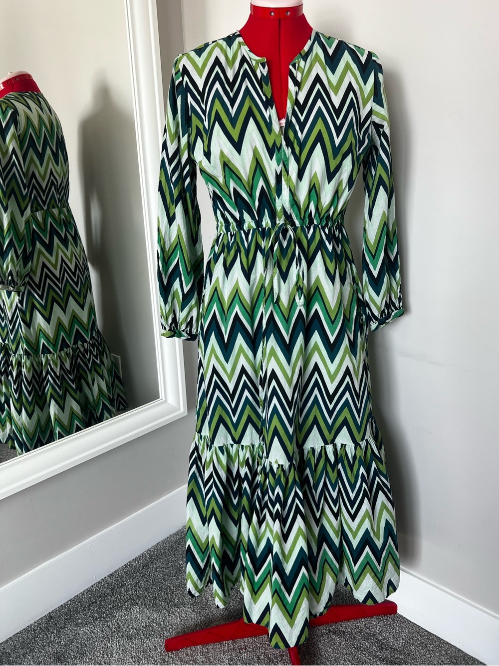 Green Chevron Maxi Dress with Elastic Waist